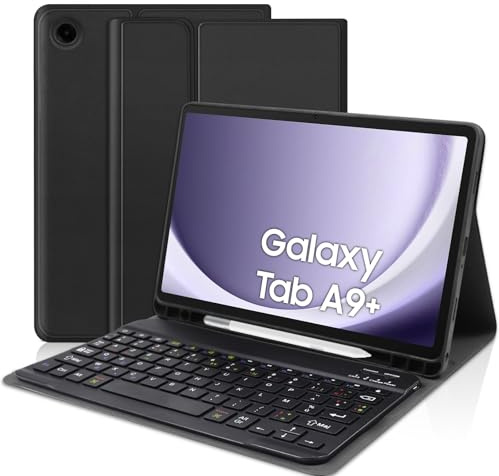 YUEJIDZ Étui Clavier pour Samsung Galaxy Tab A9 Plus/A9+ 11 Pouces,AZERTY Français Magnétique Clavier Coque avec Porte-Stylo pour Galaxy Tab A9 Plus 11 2023(SM-X210/X216/X218), Noir