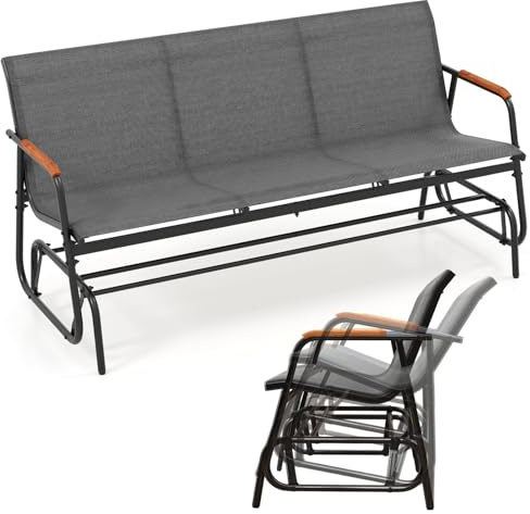 KOMFOTTEU 2/3-sits gungstol, tyg trädgård gungstol med böjda armstöd i massivt trä, gungbänk med belastning 300/450 kg, för terrass, utomhus (74 x 169 x 84 cm)