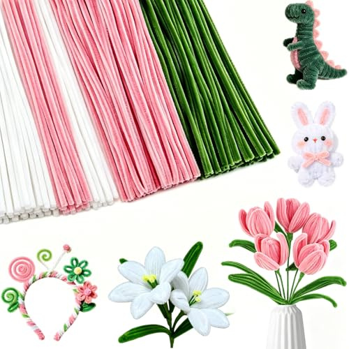 PERSENTU 300PCS Pipe Cleaners for Craft Flowers Pink Green White – 30cm Chenille Stems Pipe Cleaners Kit for Creative DIY Flowers, Kids Crafts & School Projects, Adult Handmade Gifts