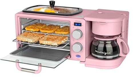 Nostalgia 3-in-1 Retro Breakfast Station - Includes 5 (4 Oz) Cup Coffee Maker, Non-Stick Ceramic Griddle, and 4-Slice Toaster Oven - Built-In Timer, Reusable Coffee Filter, Space-Saving Design - Pink