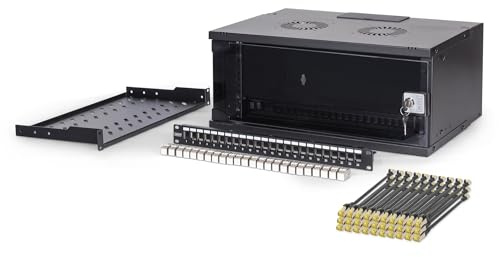 DIGITUS Juego de Red de 19 pulg – Armario de Red 4U Soho Pro – Estante 1U – Panel de Conexiones de 24 Puertos – 24 módulos Keystone – 30 Cables de conexión – sin Montar – Negro
