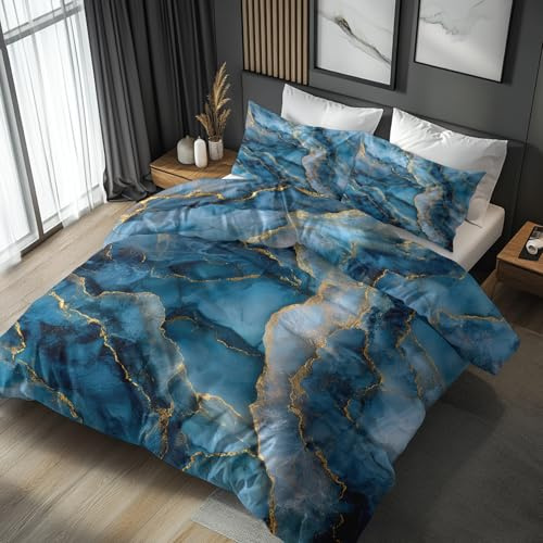 Generisch Bettwäsche 140x200 Blauer Marmor - Schlafzimmer Deko Bettbezug 140 x 200 2tlg Goldener Glitzer Abstrakt Muster, 1 Kissenbezug 70x90, mit Reißverschluss, Weich Mikrofaser FO&125