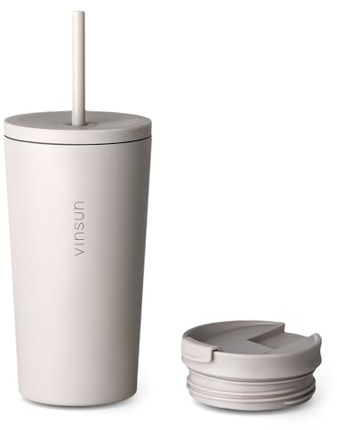 VINSUN Tazza Termica con Cannuccia 480ml - Acciaio Inox, A Prova di Perdite | Isolamento a Doppia Parete - Termos Caffè con Due Coperchi per Viaggio, Auto, Ufficio, Scuola