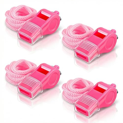 Molain 4 PCS Pink Whistles for Coaches, Plastic Sports Emergency Whistles with Lanyard and Mouthpiece Loud Crisp Sound for Coaches Teachers Referees Lifeguards Dog Training Outdoor Safety