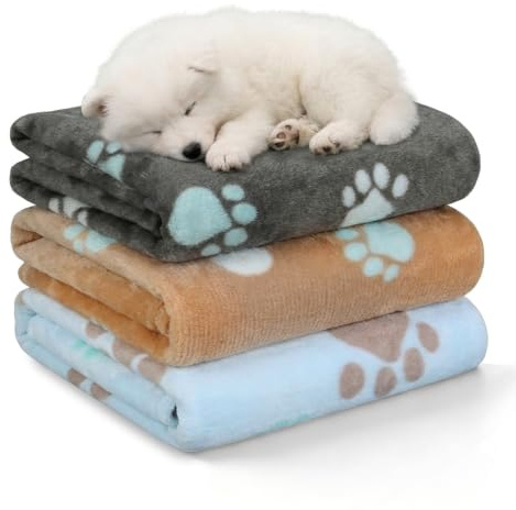 HOTUT 3 Pièces Couverture pour Chien Chat, Polaire Corail Lavable Couverture Chat, Moelleux et Chaud, Réversible, avec Imprimé Patte, pour Petits Et Moyens Chiots Et Chatons, Protection Canapé