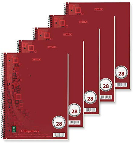 Stylex 43878-P5 - Collegeblock Premium kariert, 5 Stück, DIN A4, 80 Blatt, 90 g/m² Papier, Spiralbindung