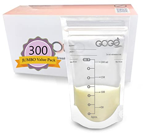 Confezione da 300 sacchetti per latte materno, confezione da 60 buste, pre-terilizzati, senza BPA, a prova di perdite, chiusura a doppia cerniera, autoportante, per refrigerazione e congelamento.