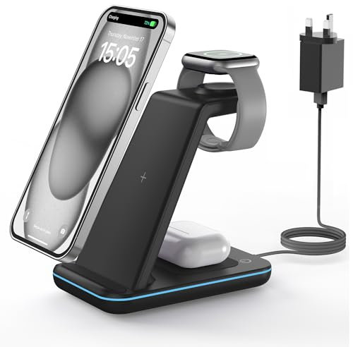 GEEKERA Wireless Charger, 3 in 1 Charging Station for iPhone 16/15/14/13/12/11/Pro Max/XS/XR/8, Charger Stand for Apple Watch 10/Ultra/9/8/7/6/5/4/3/2/SE, Docking Station for AirPods 4/Pro/3/2-Black