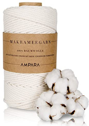 Ampara - Echtes Makramee Garn 3mm x 220m, 100% Baumwollgarn (Garn für Makramee ohne Chemie für hochwertige Handarbeitskunst)