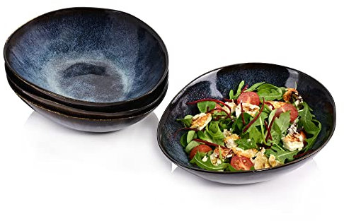 Sänger | Salatschüssel Set Tokio 4 tlg, Salatteller 4 Personen, Salatschälchen Steingut Spülmaschinenfest, Bowl Schüssel Handmade, Bowls Blau-Schwarz mit Braunen Akzenten 760 ml | PREMIUM COLLECTION