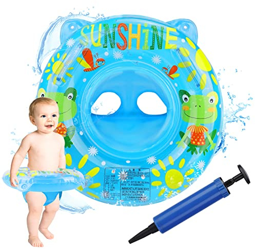 Pwsap Baby Swimming Ring, Cartoon Inflatable Baby Swimming Float PVC Safety Aid Float Seat Circle Swim Float Boat with Inflator and Double Handle for Age 3+ Years Toddler Floating Training, Blue