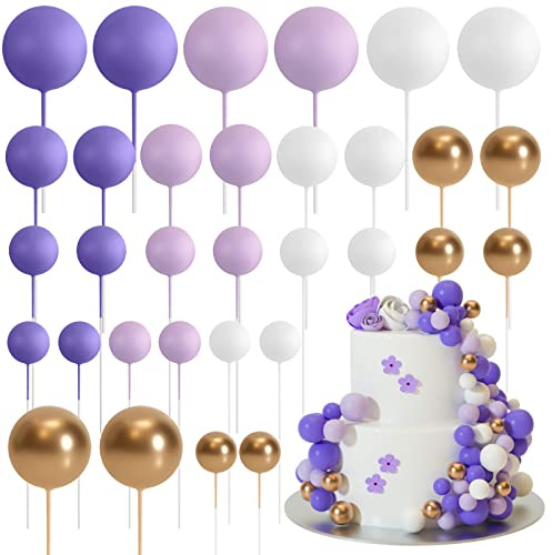 ASTARON 32 piezas de bolas para decoración de tartas, mini globos, palitos para decoración de tartas, bolas de espuma, púas para tartas para bodas, fiestas, cumpleaños (oro morado)