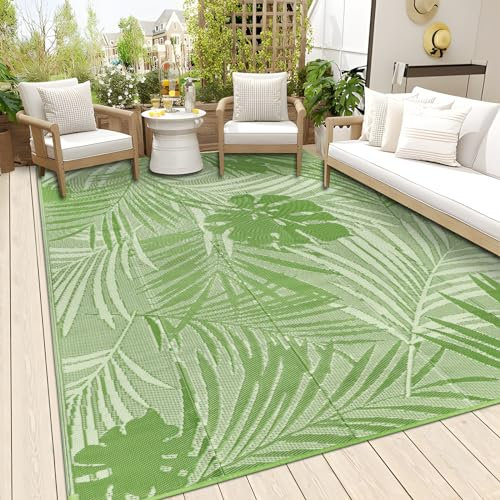 Famibay Tappeto per Esterno Motivo a Foglie Verdi Elegante Tappeto Impermeabile Eeversibili e Resistente ai Raggi UV per Giardino, Patio, Spiaggia, Picnic, Campeggio, Cortile 180 x 270 cm