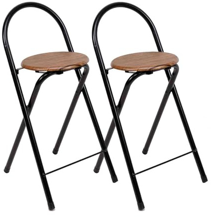 THE SECRET HOME - Pack de 2 Taburetes Plegables de Cocina - Asiento Plegable de Metal y Madera - Taburete Apto para Interior y Exterior (Alto: 80 cm x Largo: 40 cm - Madera Oscura/Negro)