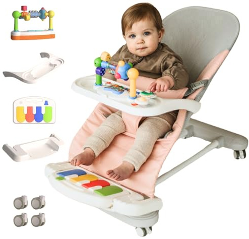 CuddoBaby Baby Bouncer 4-in-1 on Wheels |Detachable Pianos, Feeding Tray| 3-Level Recline Foldable Seat with Play Bar for Infant to Toddler 0-6, 0-12, 12-24 Months, Girl Gift Idea - Pink