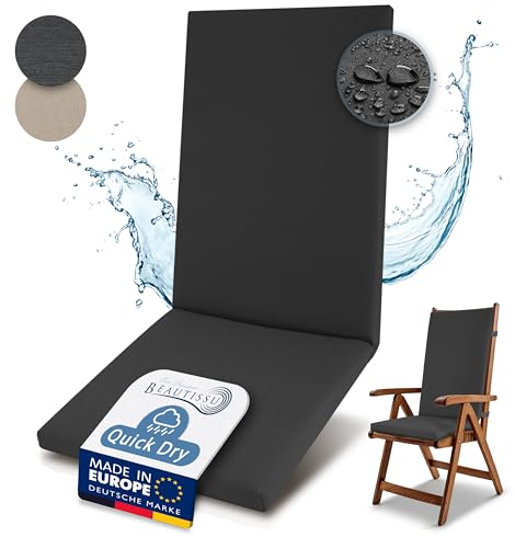 Beautissu Premium Hochlehner Auflage 100% Wasserdicht 120x50cm – UV-beständig Bequem Pflegeleicht Waschbar Sitzkissen Gartenstuhl – Quick Dry Polsterauflage Gartenmöbel Stuhlauflage Anthrazit