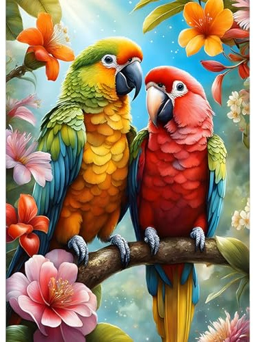 QINRUBB 5D Perroquets Peinture Diamant Painting Kit, DIY Fleurs Art du Diamant Complet Kits, Oiseaux D'amour Diamond Art Strass Point de Croix Painting pour Adultes Débutants Maison Décoration 30X40cm