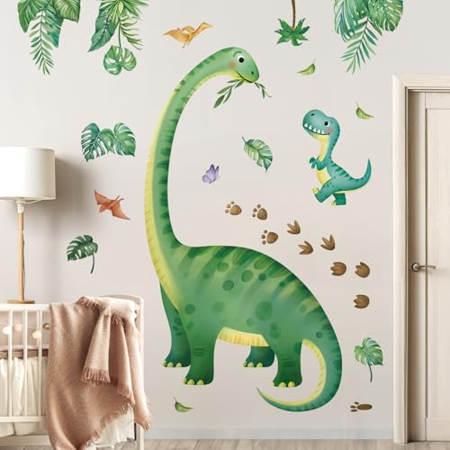 decalmile Stora dinosaurier väggdekaler tropiska gröna blad baby dinosaurie väggklistermärken pojkar sovrum småbarn rum baby barnkammare väggdekor