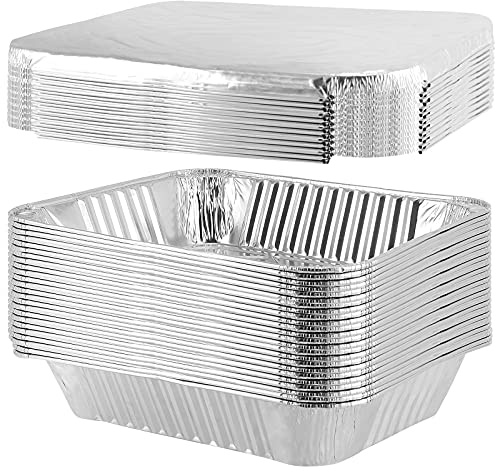 HEIYUET 25 cuencos de aluminio con tapa de 3500 ml grandes, 32 x 26 x 6 cm, bandejas de aluminio para barbacoa, bandejas de aluminio para hornear, pícnic, cocinar