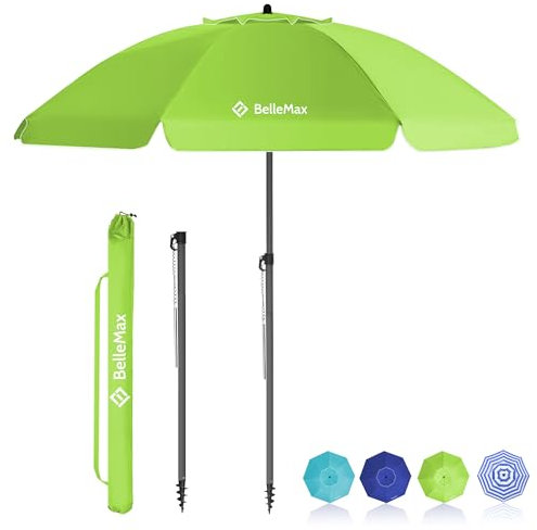 BelleMax Parasol de Plage Exterieur, avec ancre de sable 12 cm & Sac de Parasol, Inclinable sur 30°, Hauteur réglable, pour Balcon, Plage, Terrasse, Protection Solaire UV50 +,Pomme Verte,200 cm