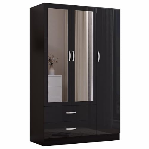 Nera 3 Door Wardrobe with Mirror Shelves and Hanging Rail Tall Wardrobes for Bedrooms Storage (Gloss Black (Matt Black))