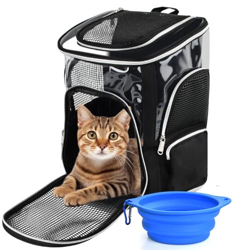 Haustier Rucksäcke,Hunderucksack & Katzenrucksack für große Katzen bis 9kg,Leichter Katzen Rucksack mit Netzfenster und faltbar Schale für Reisen, Wandern,Schwarz