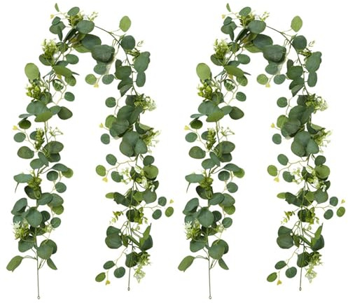 HTTDSLF 2 Piezas Guirnaldas Artificiales de Eucalipto con Hojas de Sauce, 1.8m Guirnalda de Flores Blancas Hojas Verdes para Decoración de Fondo Boda Camino Mesa de Comedor