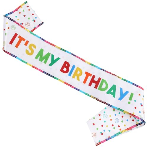 It's My Birthday Sash, White Satin with Rainbow Colorful Letters and Confetti Dots, Decorated with Polyester Beads for Girls and Women Bday Decorations