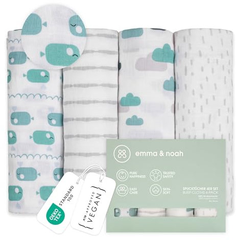 emma & noah Baby Spucktücher, 70x70 cm, Kuschelig Weich, 3er und 4er Sets, 100% Bio-Baumwolle, Langlebig & Extra Saugfähig, Unisex Design für Jungen und Mädchen (Wal Blau)
