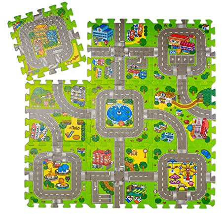 Relaxdays Tapis Circuit, 9 pièces de Puzzle, pour Enfants & bébés, sans polluants, Mousse EVA, 90 x 90 cm, coloré