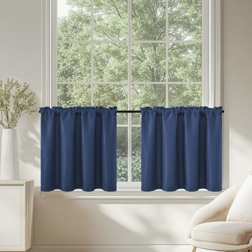 TOPICK Tende Passante tenda da bistrot Filtro della luce porta finestra balcone stile country roulotte corte rustiche soggiorno doccia tenda per interni 2 pezzi 90L x 60A cm, Blu