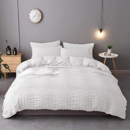 SeventhStitch Seersucker Duvet Cover with Pillow Cases White Waffle Bedding Set 100% Cotton 200 Thread Count Quilt Covers Double King Super King Bed Size (White, Double)
