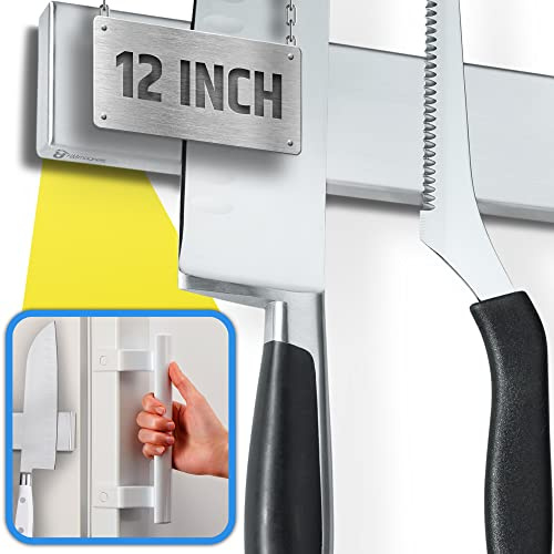 12 Premium Magnetic Knife Holder for Refrigerator (Double-Sided Heavy-Duty Magnets) - Upgraded Strip for Strong Fridge Mount - Clear Up Counter Space - 304 Anti-Rust Stainless Steel (Upgraded Design)