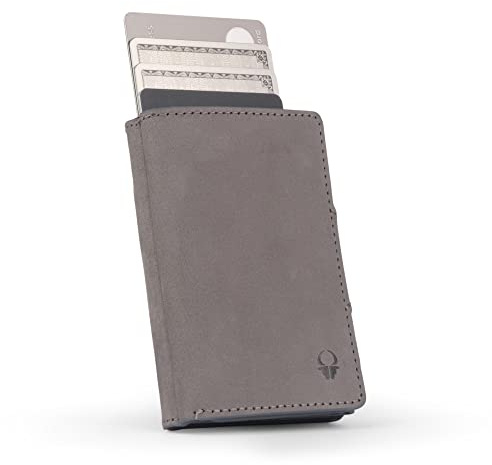 DONBOLSO Wallet Flip Geldbörse Herren - Slim Wallet mit Flipcase - Leder Kartenetui mit RFID Schutz - Geldbeutel Herren für bis zu 9 Karten Ohne Münzfach, Vintage Grau