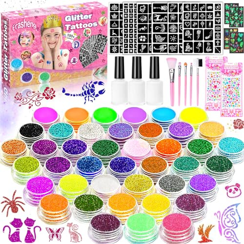 Frasheng Glitter Tattoo Set Girls, Temporary Tattoo Kit för barn, Glitter Tattoo Set Barn, 42 glitterpulver, 136 schabloner, 218 strass, 40 självlysande barntatueringsdekaler, present till fest