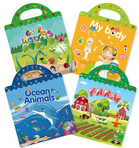 GUYUCOM Lot de 4 Livres d’Autocollants à partir de 2, 3, 4, 5, 6 ans, Motifs d’Animaux Marins, Partie du Corps, Insecte, Ferme, Jouets Éducatifs, Jouets pour Enfants, Cadeaux de Noël, d’Anniversaire
