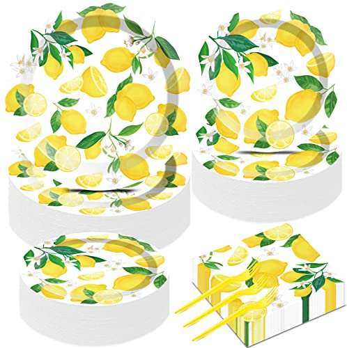 50 Guests Lemon Party Decorations Plates and Napkins Yellow Lemons Summer Party Supplies for Birthday Baby Shower Lemon Theme Disposable Plates Tableware Set 200 PCS