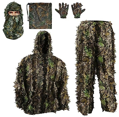PELLOR Tenue de Camouflage Gilly 3D Leaf Camouflage Masque Gants Sac de Rangement pour la Chasse en Plein air et la Photographie animalière (1.8-1.9M)