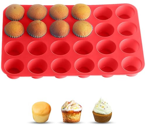 Anwangda 24 Cavity Mini Muffin Trays, Food-Grade Silicone Non-Stick Muffin Cupcake Molds, Multifunctional Durable Kitchen Baking Pan Mould for Cakes, Puddings, Chocolates, Tarts(Red)