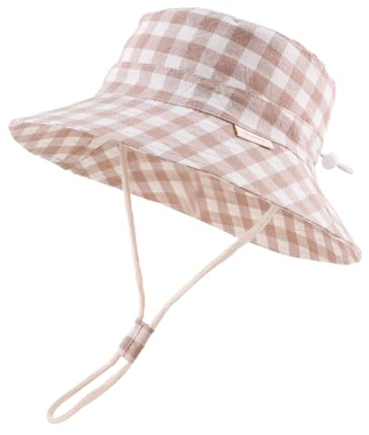 Bamery Baby Toddler Girls Bucket Hat Newborn Sun Hats for Boys Classic Infant Summer UV Protection Hats Kids Beach Cap (50cm, Khaki Lattice)