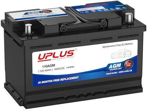 UPLUS 110AGM / 115AGM Car Battery, 12V 80Ah Maintenance Free Automotive Start-Stop Battery, 800A 140RC, High Performance Batteries Type 110 Agm 315L x 175W x 190H(mm)