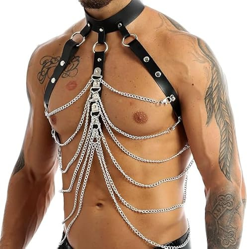 Men's Adjustable Leather Body Chest Harness Belt Clubwear with Fancy Buckles Chains Black ，harness mens top，Men's Harness Belt Costume, PU Leather Body Chest for Men Sexy Punk Body Harness Belt