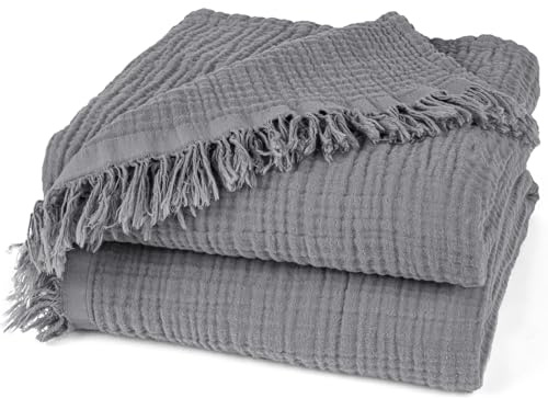 Pure Label Musselin Decke 220x240cm - Oeko-Tex zertifizierte Tagesdecke aus 100% Baumwolle | Musselin Wohn- & Kuscheldecke für Couch und Sofa in XXL | 220 x 240 cm, Farbe der Decke Anthrazit