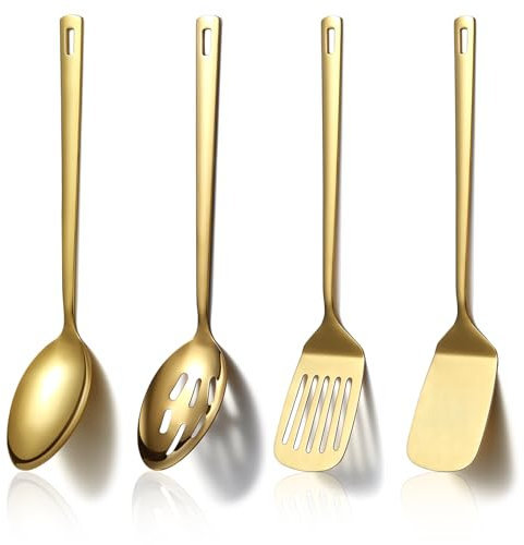 Homquen Or Ustensiles de Cuisine Set de 4 Pièces, Titane Plaqué or Inoxydable Ustensiles de Cuisine Set, Ustensiles de Cuisine Grattoir Set, Cuillère à Cuisson, Gadgets de Cuisine Accessoires