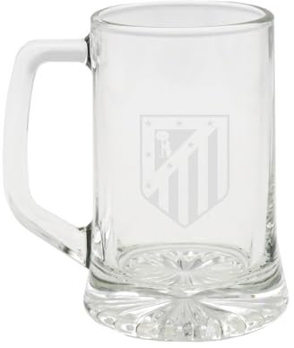 CYPBRANDS Atlético de Madrid, Jarra de Cerveza, Vidrio, Gran Capacidad 280 ml, Asa Cómoda, Apta para Lavavajillas y Microondas, Transparente