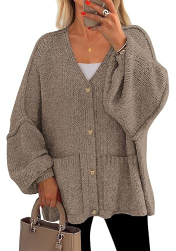 PRETTYGARDEN Fall Chunky Cardigan Sweaters for Women 2026 Button Long Lantern Sleeve Knit Oversized Coats with Pockets(Dark Khaki,Large)