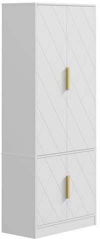 UEV Modern 150cm Tall Kitchen Cupboard, 4-Door Buffet Cabinet with Adjustable Shelves, White Storage Unit for Kitchen, Dining & Living Room