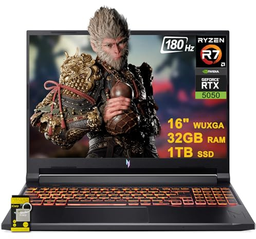 acer Nitro V 16 AI Gaming Laptop 16 WUXGA IPS 180Hz AMD Zen 4 Octa-Core Ryzen 7 260 32GB RAM 1TB SSD GeForce RTX 5050 (Up to 421 AI Tops) Backlit Win11 w/ICP Hub