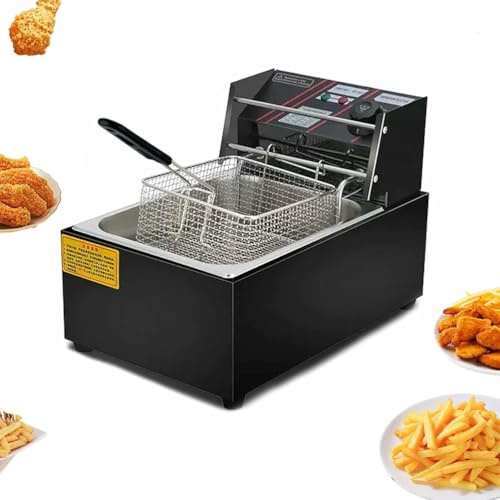 Kommersiell fritös 10 l i rostfritt stål, 2 500 W, elektrisk fritös med enkel tank, med korg och lock, oljefritös för hemkök eller restaurang