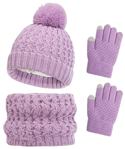 AWAVM Lot de 3 bonnets, écharpes et gants d'hiver tricotés au crochet épais et moelleux pour enfants de 2 à 8 ans, Multicolore iridescent, Taille Unique (Violet)